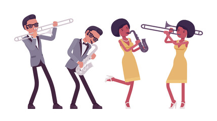 Musician, rock and roll performers man, woman playing saxophone, trombone. Blues band, pop music artists instrumental accompaniment. Vector flat style cartoon illustration isolated on white background