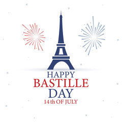 14th July, Happy Bastille Day. National Day of France. Eiffel tower, france flag colors elements. Card, banner, poster, background design. Vector illustration.