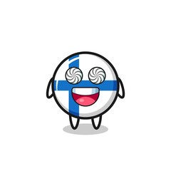 cute finland flag badge character with hypnotized eyes