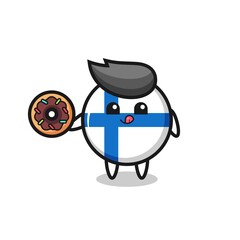 illustration of an finland flag badge character eating a doughnut