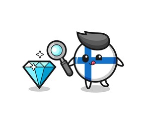finland flag badge mascot is checking the authenticity of a diamond