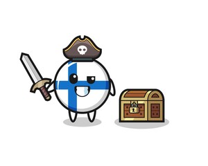 the finland flag badge pirate character holding sword beside a treasure box