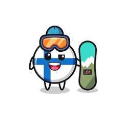 Illustration of finland flag badge character with snowboarding style
