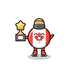 canada flag badge cartoon as an ice skating player hold winner trophy