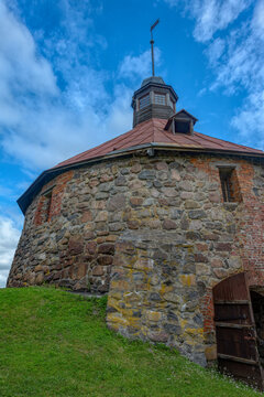 The ancient stone walls of the corner tower in the Korela (Kexholm) fortress are the main attraction of Priozersk, Leningrad region, Russia