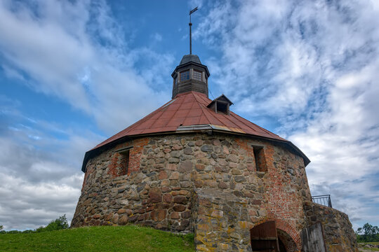 The ancient stone walls of the corner tower in the Korela (Kexholm) fortress are the main attraction of Priozersk, Leningrad region, Russia