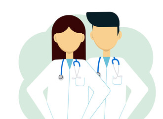 Illustration of two doctors man and woman in white coats and with stethoscopes