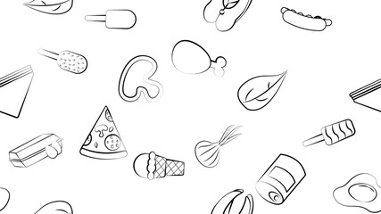 Black and white endless seamless pattern of food and snack items icons set for restaurant bar cafe: hot dog, sandwich, pizza, ice cream, eggs, fish. The background