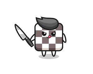 cute chess board mascot as a psychopath holding a knife