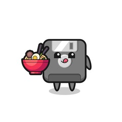 cute floppy disk character eating noodles