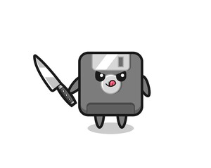 cute floppy disk mascot as a psychopath holding a knife