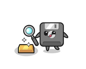 floppy disk character is checking the authenticity of the gold bullion