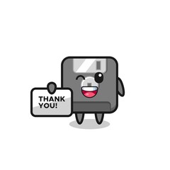 the mascot of the floppy disk holding a banner that says thank you