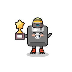 floppy disk cartoon as an ice skating player hold winner trophy