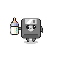baby floppy disk cartoon character with milk bottle