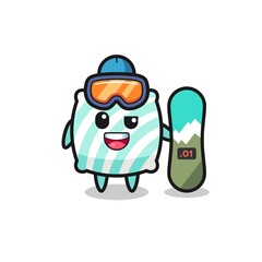 Illustration of pillow character with snowboarding style