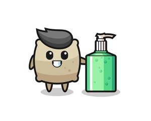 cute sack cartoon with hand sanitizer