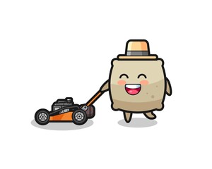 illustration of the sack character using lawn mower