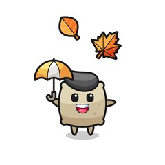 cartoon of the cute sack holding an umbrella in autumn