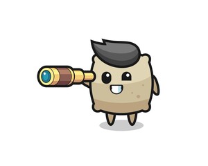 cute sack character is holding an old telescope