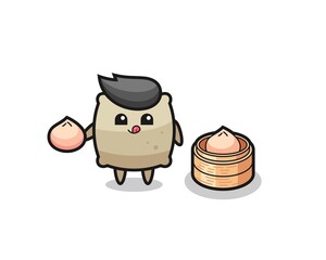 cute sack character eating steamed buns