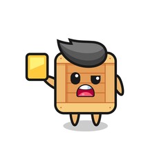 cartoon wooden box character as a football referee giving a yellow card