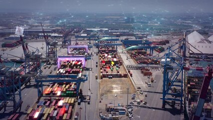 Aerial view of Futuristic Port with 5G network and technology data communication, technology concept, Aerial shot with artificial intelligence, digital network - Powered by Adobe