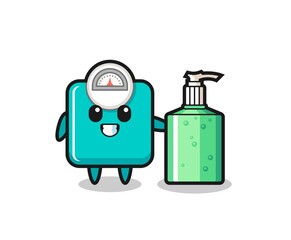 cute weight scale cartoon with hand sanitizer
