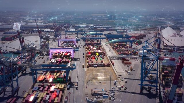 Aerial view of Futuristic Port with 5G network and technology data communication, technology concept, Aerial shot with artificial intelligence, digital network