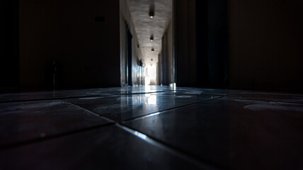 footprints on the floor in an empty abandoned office with no people during isolation