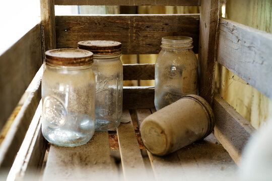Old Mason Jars in Wood Crate