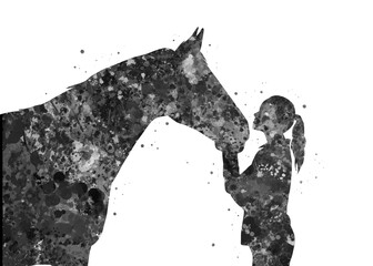 Girl and horse Animal black and white watercolor, abstract painting. Watercolor illustration rainbow, colorful, decoration wall art. © Yahya Art