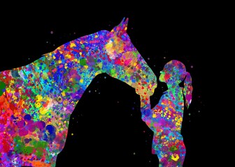 Girl and horse Animal watercolor art with black background, abstract painting. Watercolor illustration rainbow, colorful, decoration wall art. © Yahya Art
