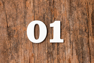Digit zero one - White numbers on rustic wooden background