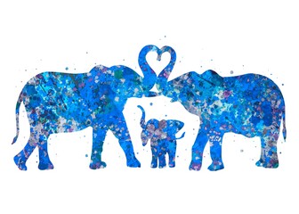 Fototapeta premium Elephant family love Animal blue watercolor art, abstract painting. Watercolor illustration rainbow, colorful, decoration wall art.