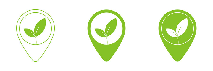 Location icon. A symbol of environmental friendliness and energy saving, a sign with the image of green leaves. Vector illustration. Web design.