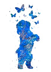 Obraz premium Dog and Butterfly Animal blue watercolor art, abstract painting. Watercolor illustration rainbow, colorful, decoration wall art.