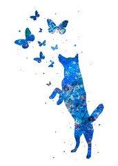 Dog and Butterfly Animal blue watercolor art, abstract painting. Watercolor illustration rainbow, colorful, decoration wall art.