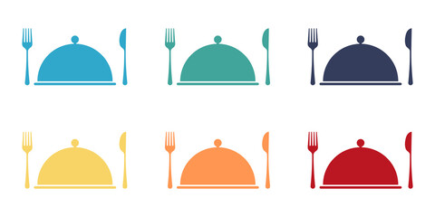 Restaurant icons set. Food lid with knife and fork. Web design vector illustration.