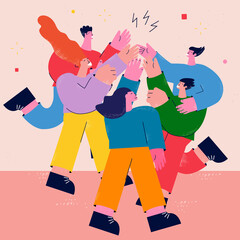 Teamwork, friendship, group of people giving high five flat vector illustration. Business coworkers and colleagues greeting