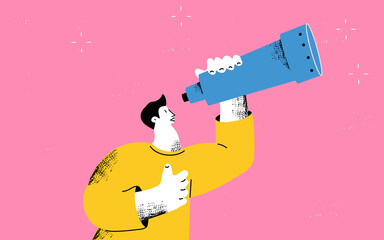 Business vision, goals, future plans, aspirations, business concept flat vector illustration. Businessman with telescope