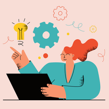 Woman working on laptop, freelance job, creative work, online work, brainstorming and ideas, innovative solutions, education and learning concept. Courses, trainings, tutorials, business start concept