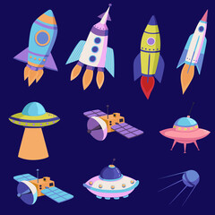 Spaceships, UFOs, satellites colorful vector illustrations set