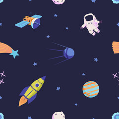 Funny Space colorful vector seamless pattern with dark background