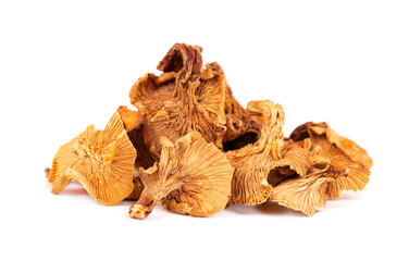 Dried chanterelle mushrooms, isolated on white background. Dried forest chanterelle mushrooms....