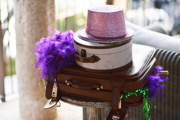 Suitcases and hats as vintage festive decorations