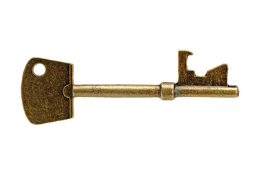 A single old brass key against a white background