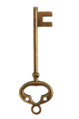 A single old brass key against a white background