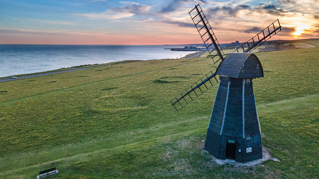 Aerial view of the old mill by the seaside close to Rottingdean, Brighton, West Sussex, UK.