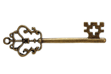 A single old brass key against a white background
